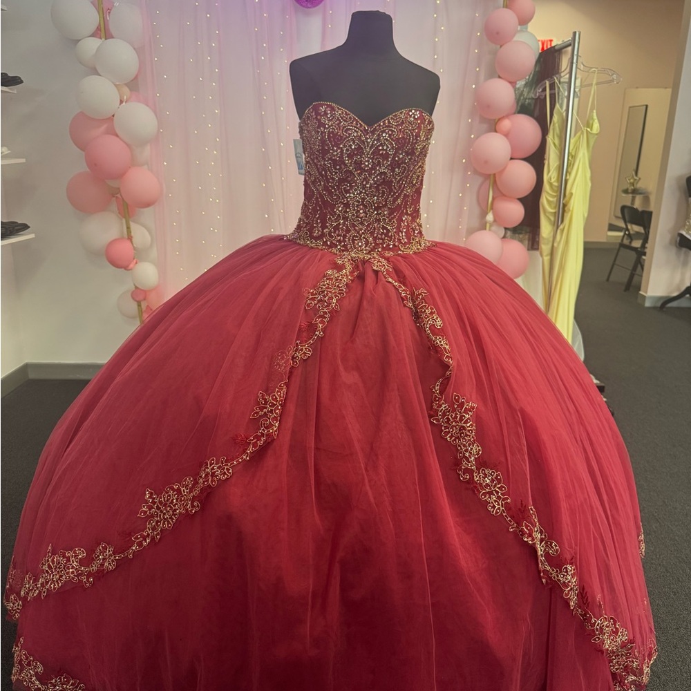 Elegant Red Ball Gown with Gold Embroidery